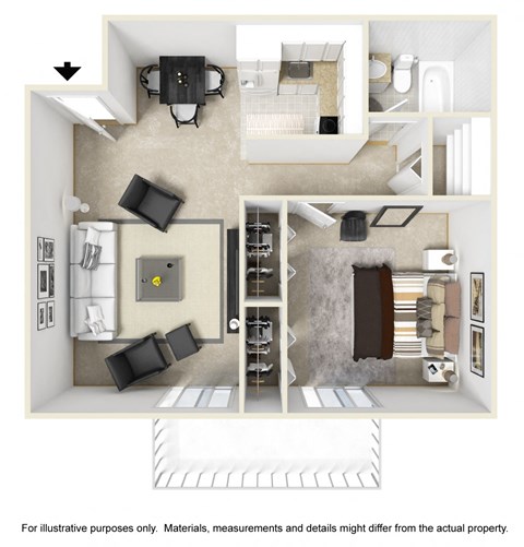 Floor plan for 1 bed, 1 bath, 720 sqft